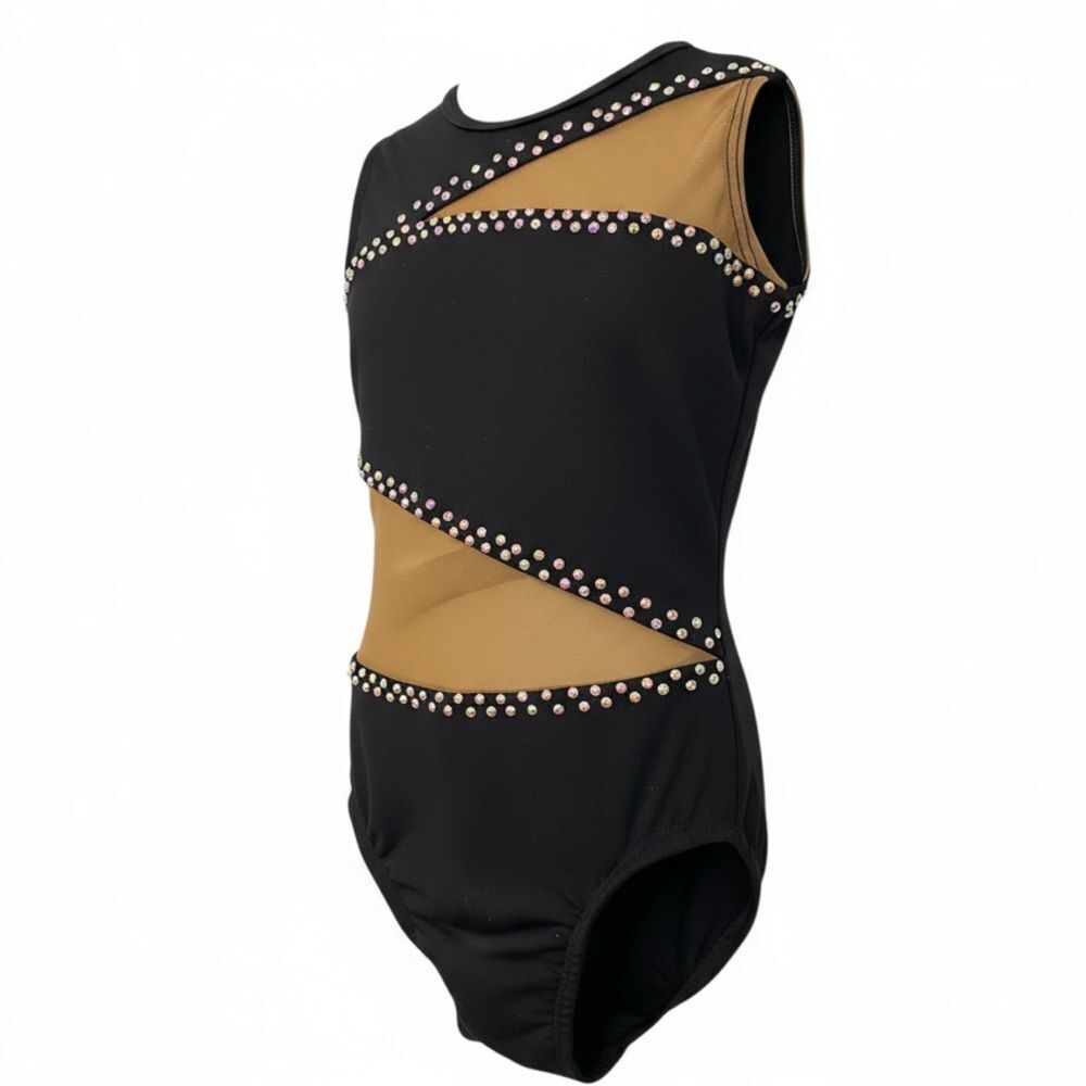 Custom Dance Costume solo black mesh rhinestones illusion Leotard MC child 8/10